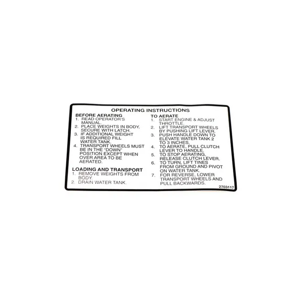 Bobcat 2703117 Operation Instructions Decal For Aerators