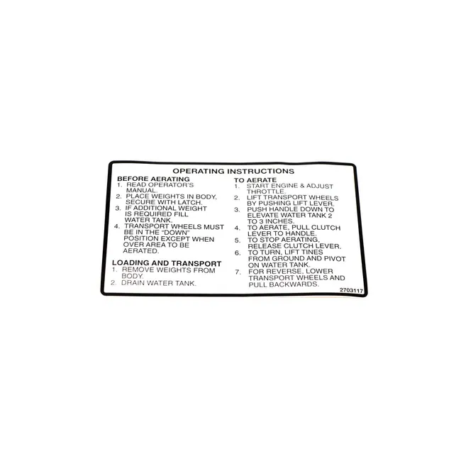 Bobcat 2703117 Operation Instructions Decal For Aerators