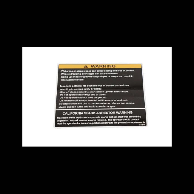 Warning Of Slopes And Spark Arrestor Decal For ZTS Stand-On Aerators, 4172911