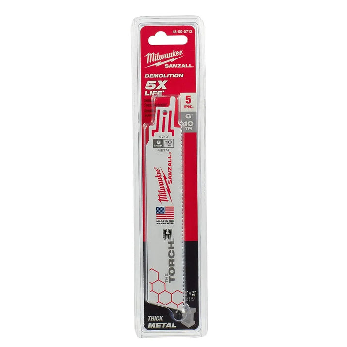 Milwaukee 6" 10 TPI Torch Sawzall Blades (5 Pack) 48-00-5712