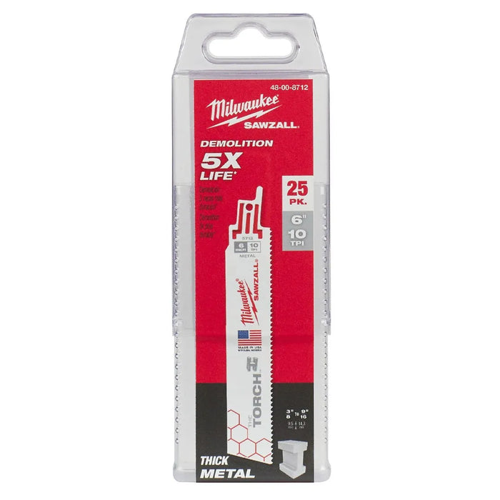 Milwaukee 6" Sawzall Blades 10 TPI Torch (25 Pack) 48-00-8712