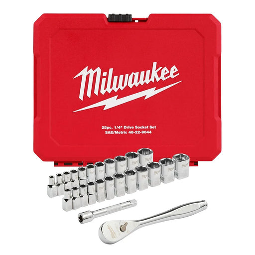 Milwaukee 25pc 1/4" Drive Metric & SAE Ratchet and Socket Set w/ FOUR FLAT SIDES 48-22-9044