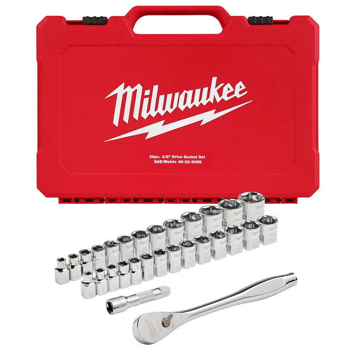 Milwaukee 29pc 3/8" Drive Metric & SAE Ratchet and Socket Set w/ FOUR FLAT SIDES 48-22-9088