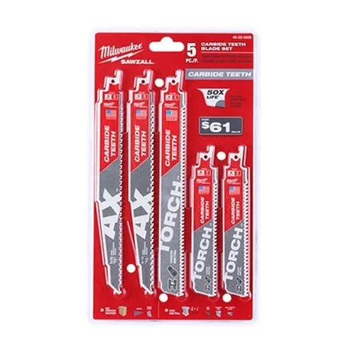 Milwaukee 5 Piece Carbide Sawzall Blade Set Demo Wood / Metal Cutting Reciprocating Blades 49-22-5505