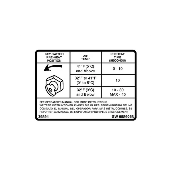 Bobcat 6589058 Preheat Decal For Excavators