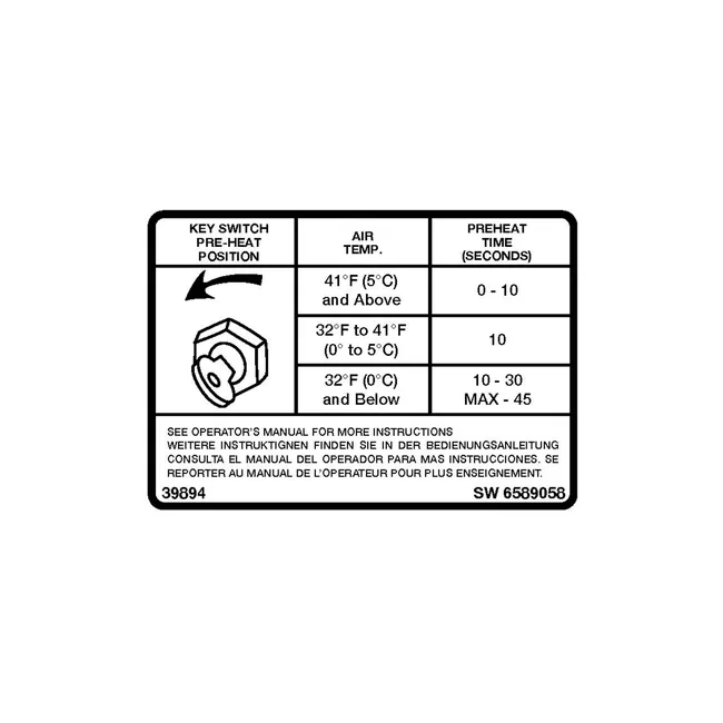 Bobcat 6589058 Preheat Decal For Excavators