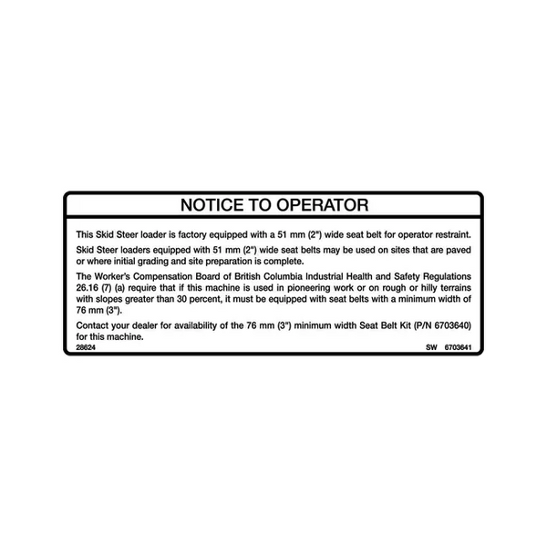 Bobcat 6703641 Seat Belt Decal