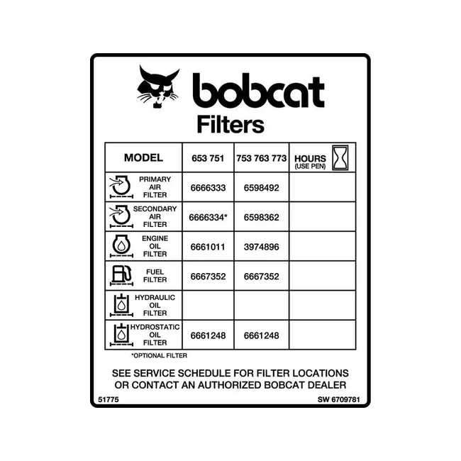 Bobcat 6709781 Filter Decal