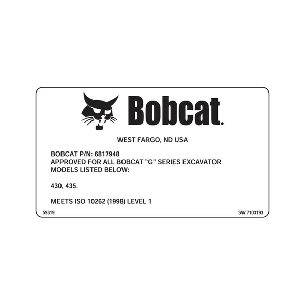 Bobcat 7103193 Top Guard Decal Excavator