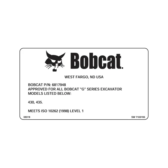 Bobcat 7103193 Top Guard Decal Excavator