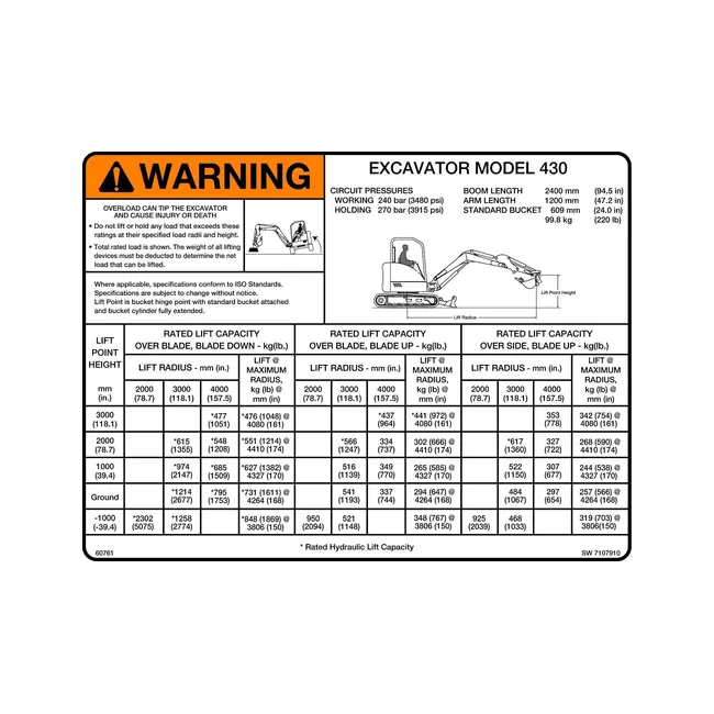 Bobcat 7107910 Excavator 430 Lift Capacity Decal